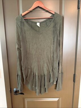 We The Free Olive Green Long Sleeve Waffle V-Neck Top with Ruffle Hem